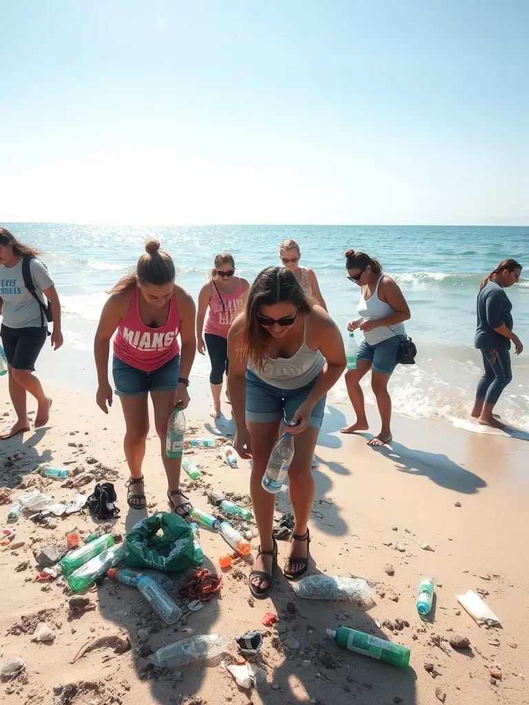 A photograph of a clean-up event at a local beach, showing volunteers collecting trash and debris.