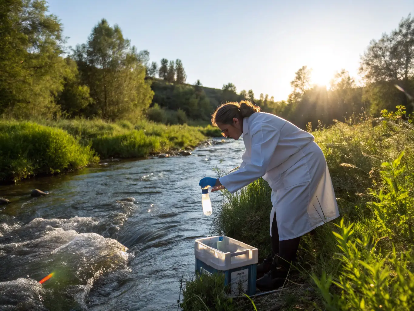 An impactful image depicting CDREN staff conducting a water quality assessment in a local river, highlighting the organization's commitment to monitoring and protecting water resources.