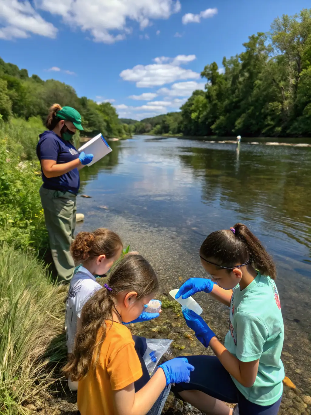 A photograph of CDREN members monitoring water quality in a local river, showcasing their efforts to protect water resources.
