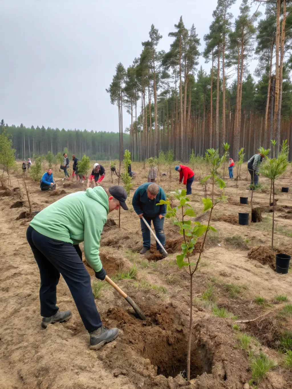 A photograph showcasing volunteers planting trees in a deforested area, illustrating CDREN's reforestation efforts.