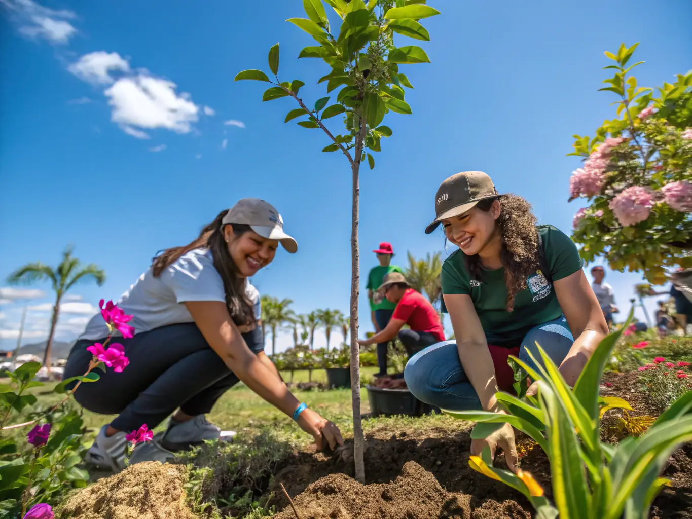 A vibrant photograph showcasing volunteers participating in a CDREN-led tree planting activity in a deforested area, emphasizing community involvement and ecological restoration.